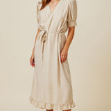 BEACHWOOD CANYON ruffle bottom wrap dress in naked - sand