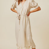 BEACHWOOD CANYON ruffle bottom wrap dress in naked - sand