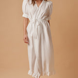 BEACHWOOD CANYON ruffle bottom wrap dress in naked - white