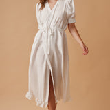 BEACHWOOD CANYON ruffle bottom wrap dress in naked - white