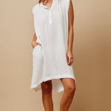 FEZ W/BUTTONS sleeveless caftan in lightweight gauze - white