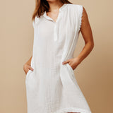 FEZ W/BUTTONS sleeveless caftan in lightweight gauze - white
