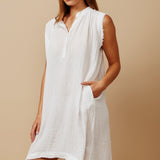 FEZ W/BUTTONS sleeveless caftan in lightweight gauze - white