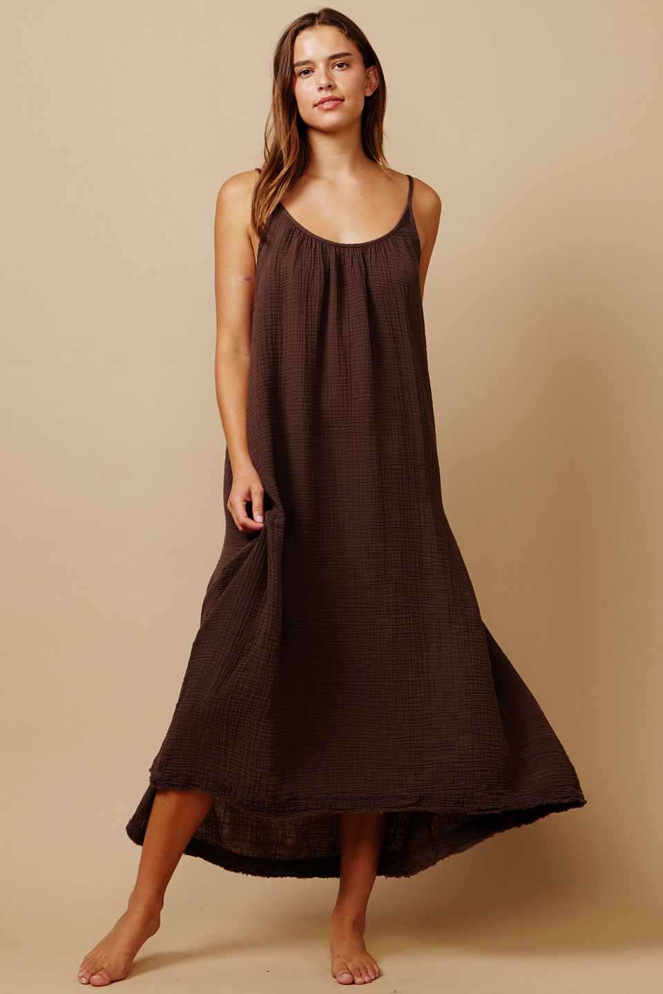Low Back Maxi Dress - TULUM lightweight gauze - Chocolate 9seed | Official Online Store Low Back Maxi Dress - TULUM lightweight gauze - Chocolate 9seed | Official Online Store
