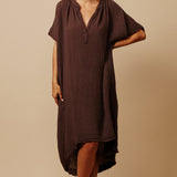 TUNISIA short sleeve caftan in lightweight gauze - chocolate