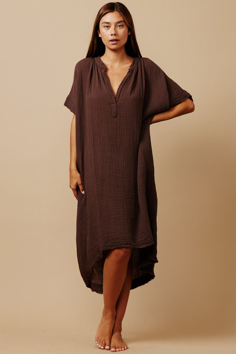 short caftan dress with sleeves Camilla Deep V Neck Hardware Short Caftan