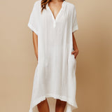 TUNISIA short sleeve caftan in lightweight gauze - white