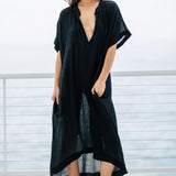 TUNISIA short sleeve caftan in lightweight gauze - black