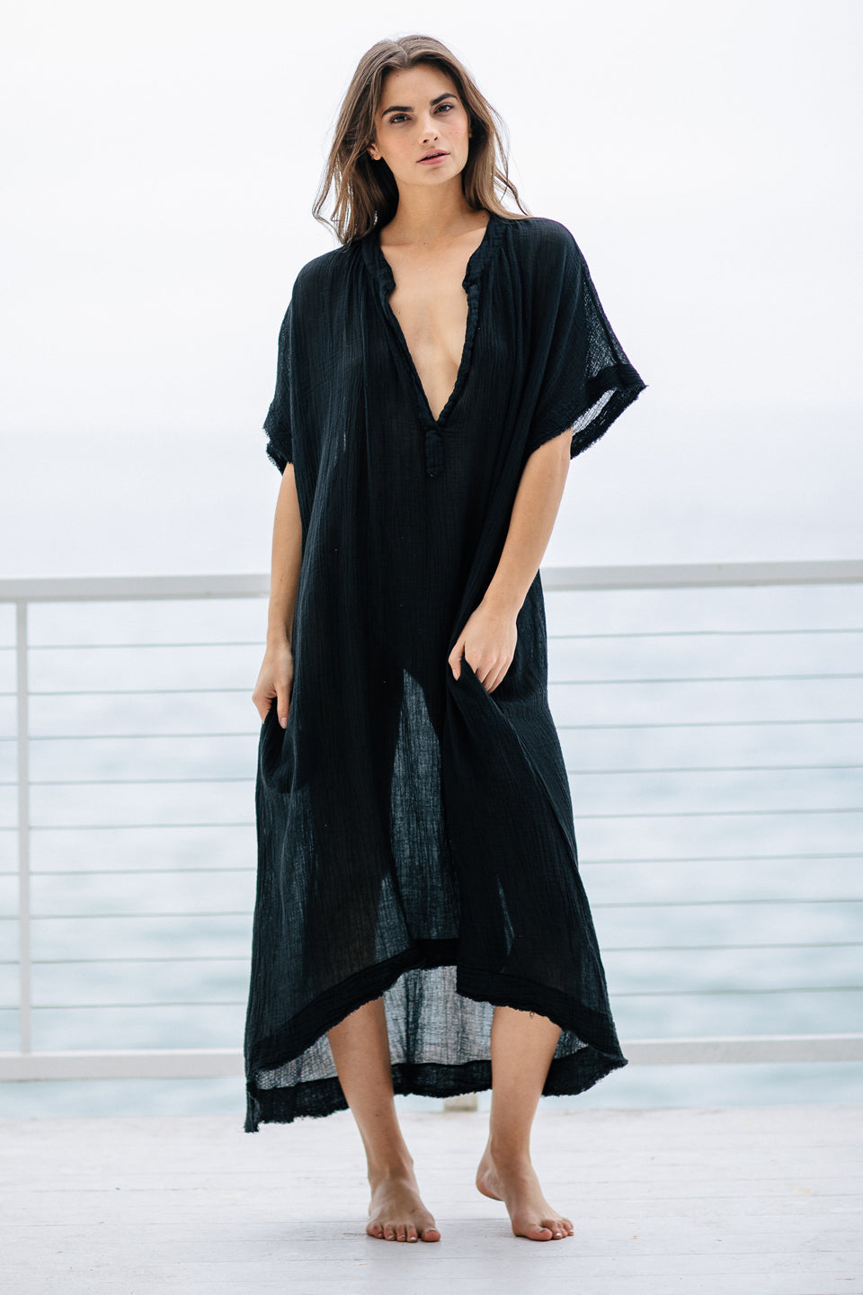 TUNISIA short sleeve caftan in lightweight gauze - Black TUNISIA short sleeve caftan in lightweight gauze - Black