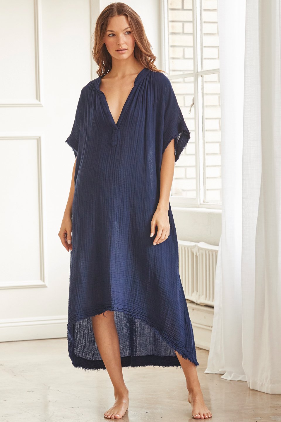 short sleeve caftan dress Lulu Short Sleeve Mini Caftan Navy Blaze / S