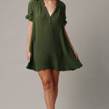 ANTIBES puff sleeve caftan in lightweight gauze - moss