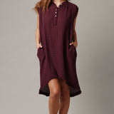 FEZ W/BUTTONS sleeveless caftan in lightweight gauze - eggplant
