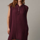 FEZ W/BUTTONS sleeveless caftan in lightweight gauze - eggplant