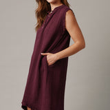FEZ W/BUTTONS sleeveless caftan in lightweight gauze - eggplant