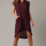 FEZ W/BUTTONS sleeveless caftan in lightweight gauze - eggplant