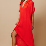 TUNISIA short sleeve caftan in lightweight gauze - dahlia