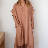 TUNISIA short sleeve caftan in lightweight gauze - noisette